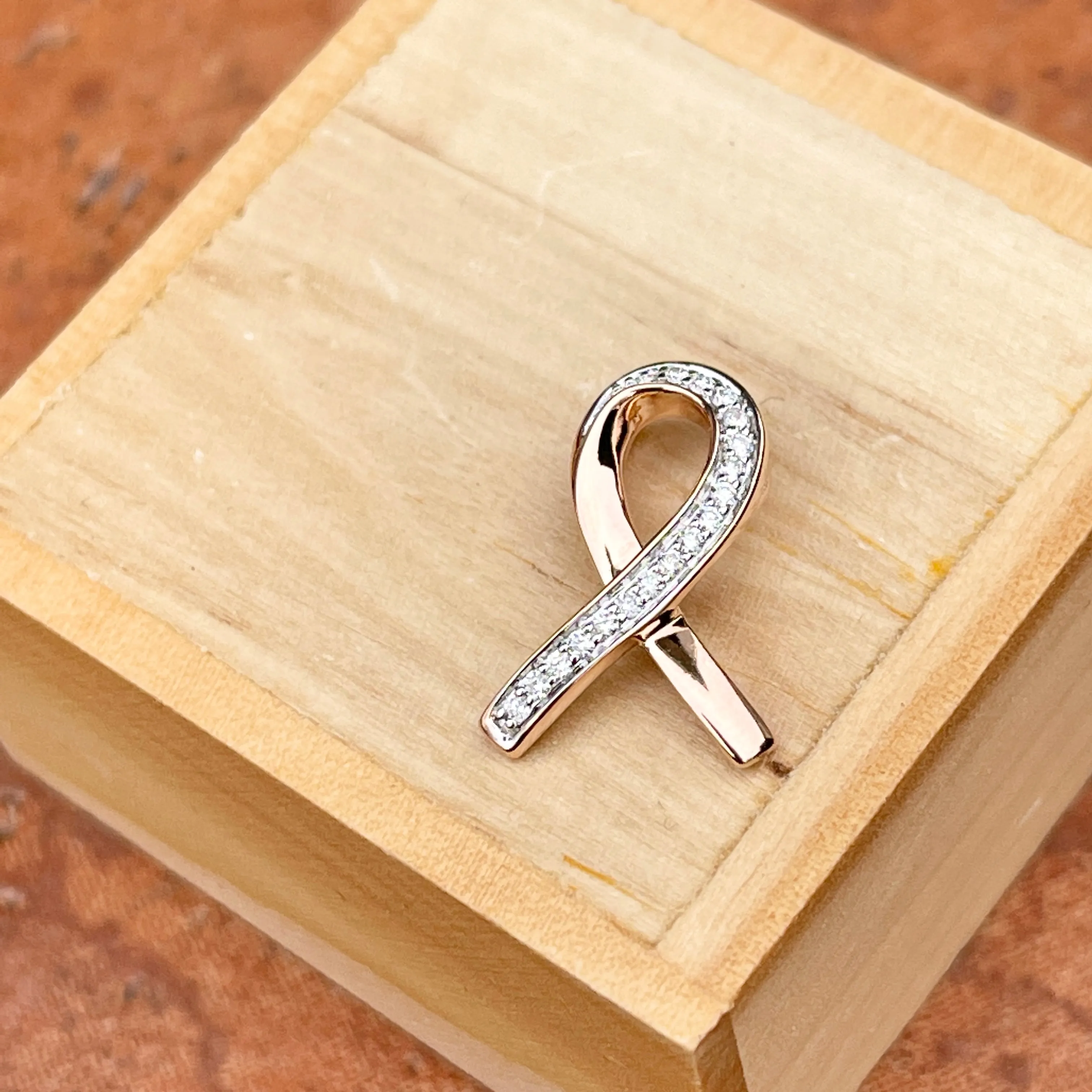 10KT Rose Gold Diamond Breast Cancer Awareness Ribbon Pendant Slide