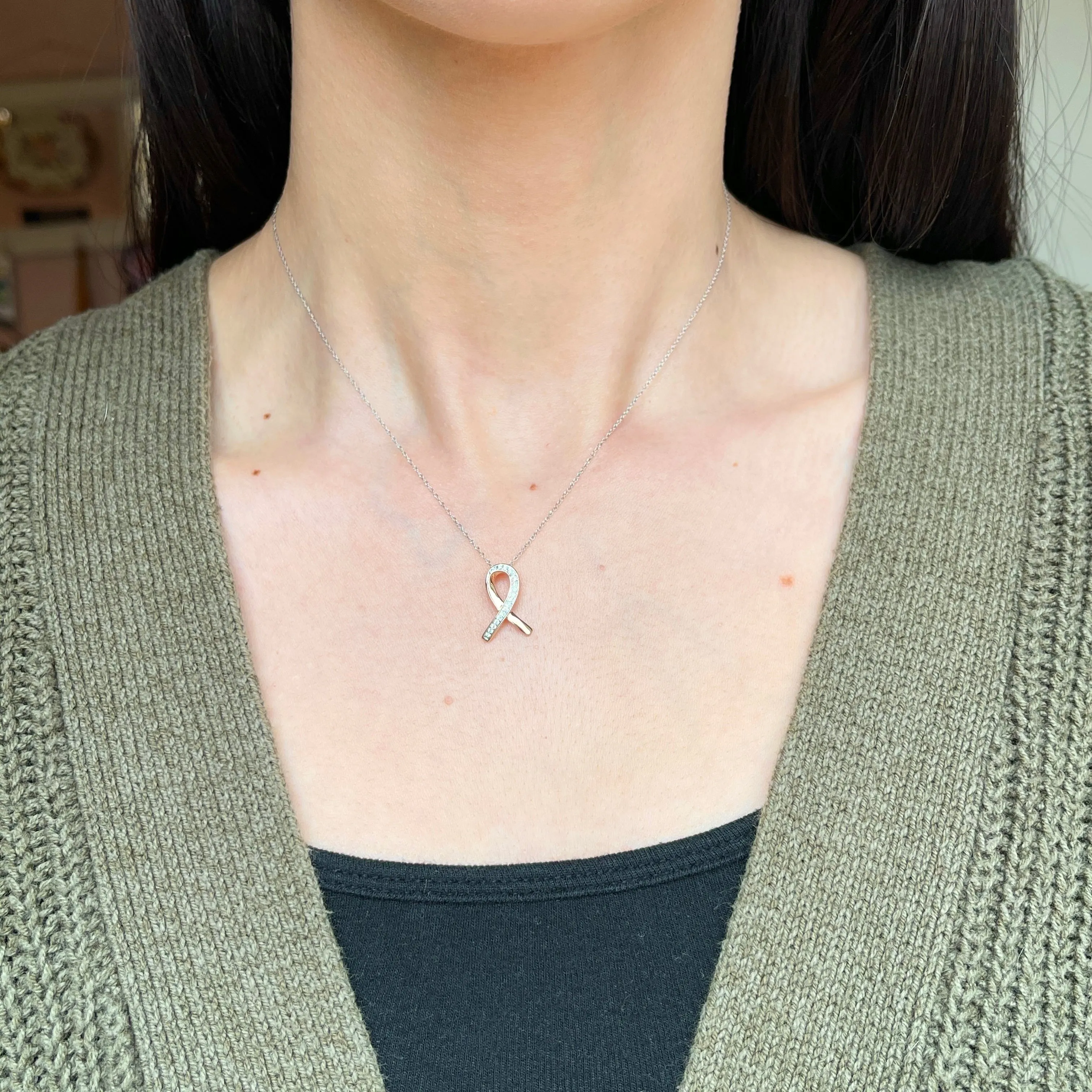 10KT Rose Gold Diamond Breast Cancer Awareness Ribbon Pendant Slide