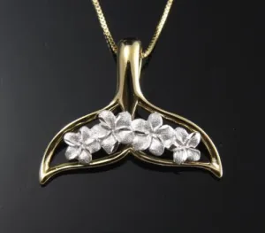 14K SOLID WHITE GOLD HAWAIIAN PLUMERIA FLOWER YELLOW WHALE TAIL PENDANT 22MM