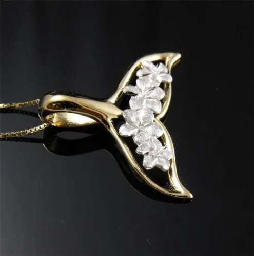 14K SOLID WHITE GOLD HAWAIIAN PLUMERIA FLOWER YELLOW WHALE TAIL PENDANT 22MM