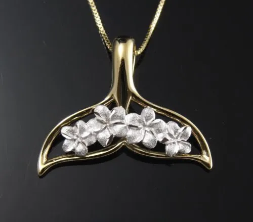 14K SOLID WHITE GOLD HAWAIIAN PLUMERIA FLOWER YELLOW WHALE TAIL PENDANT 22MM
