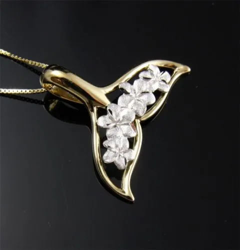 14K SOLID WHITE GOLD HAWAIIAN PLUMERIA FLOWER YELLOW WHALE TAIL PENDANT 22MM