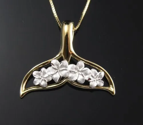 14K SOLID WHITE GOLD HAWAIIAN PLUMERIA FLOWER YELLOW WHALE TAIL PENDANT 22MM