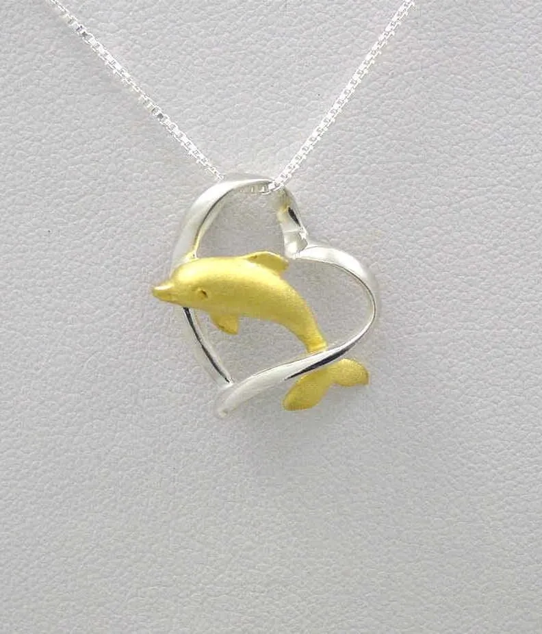 925 SILVER 2 TONE YELLOW GOLD HAWAIIAN DOLPHIN JUMPING THRU HEART SLIDE PENDANT