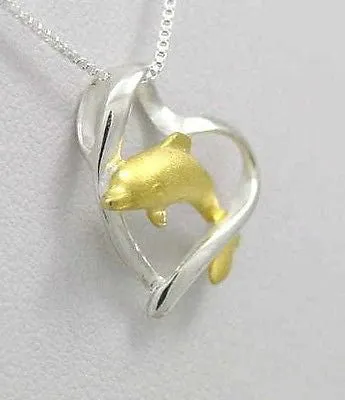 925 SILVER 2 TONE YELLOW GOLD HAWAIIAN DOLPHIN JUMPING THRU HEART SLIDE PENDANT