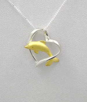 925 SILVER 2 TONE YELLOW GOLD HAWAIIAN DOLPHIN JUMPING THRU HEART SLIDE PENDANT