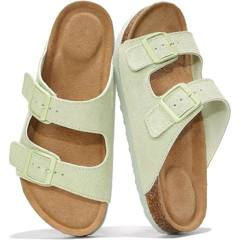 Adjustable Leather Flat Sandals With Textured Outsole