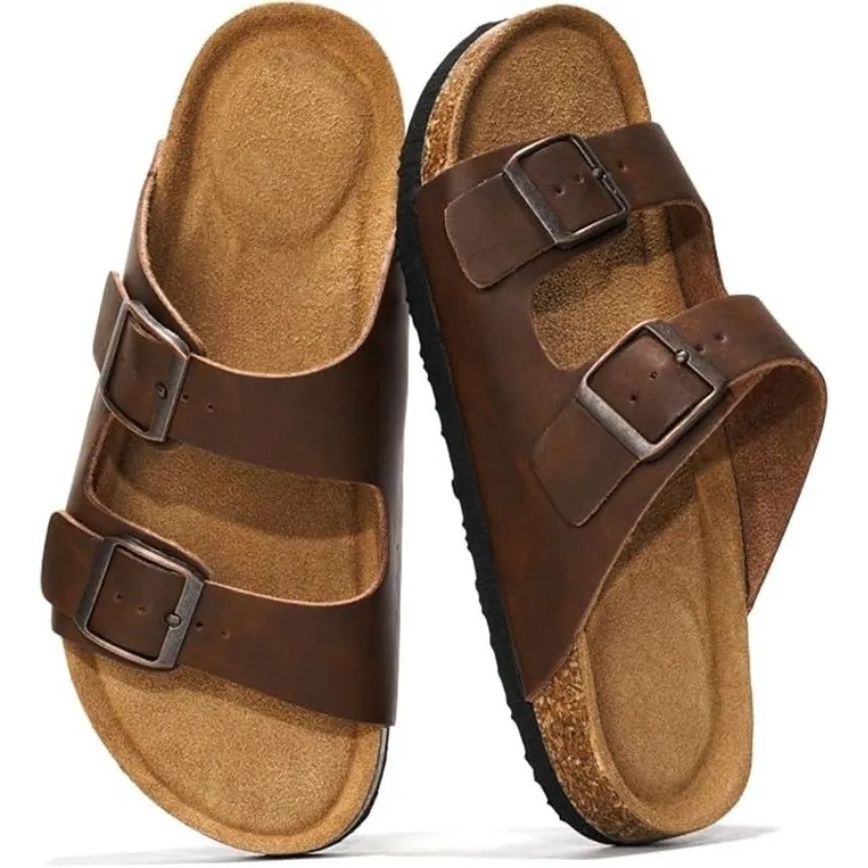 Adjustable Leather Flat Sandals With Textured Outsole