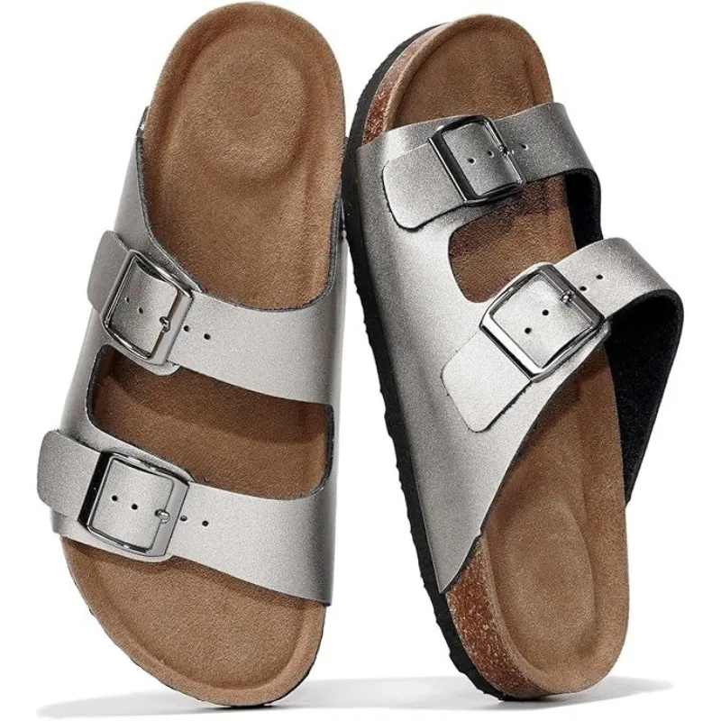 Adjustable Leather Flat Sandals With Textured Outsole