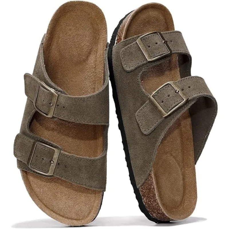 Adjustable Leather Flat Sandals With Textured Outsole
