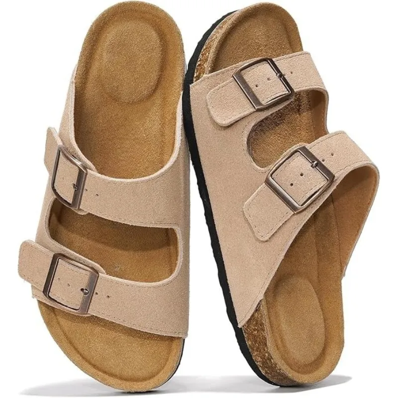 Adjustable Leather Flat Sandals With Textured Outsole