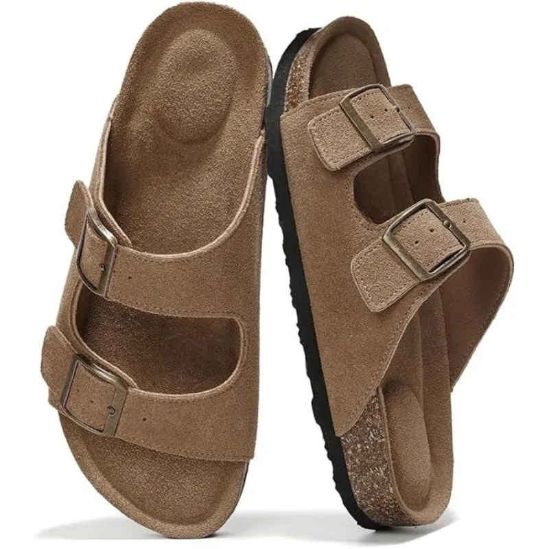 Adjustable Leather Flat Sandals With Textured Outsole