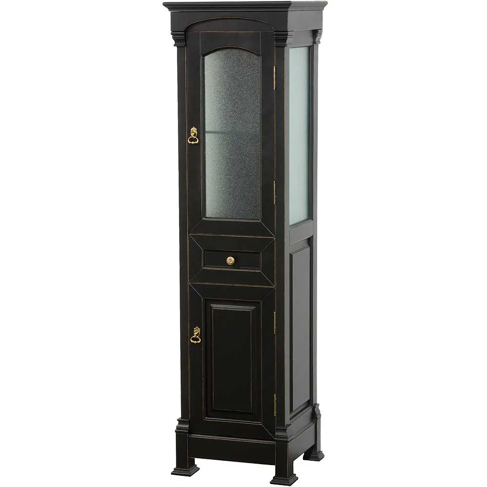 Andover Bathroom Linen Tower with Cabinet Storage in Black