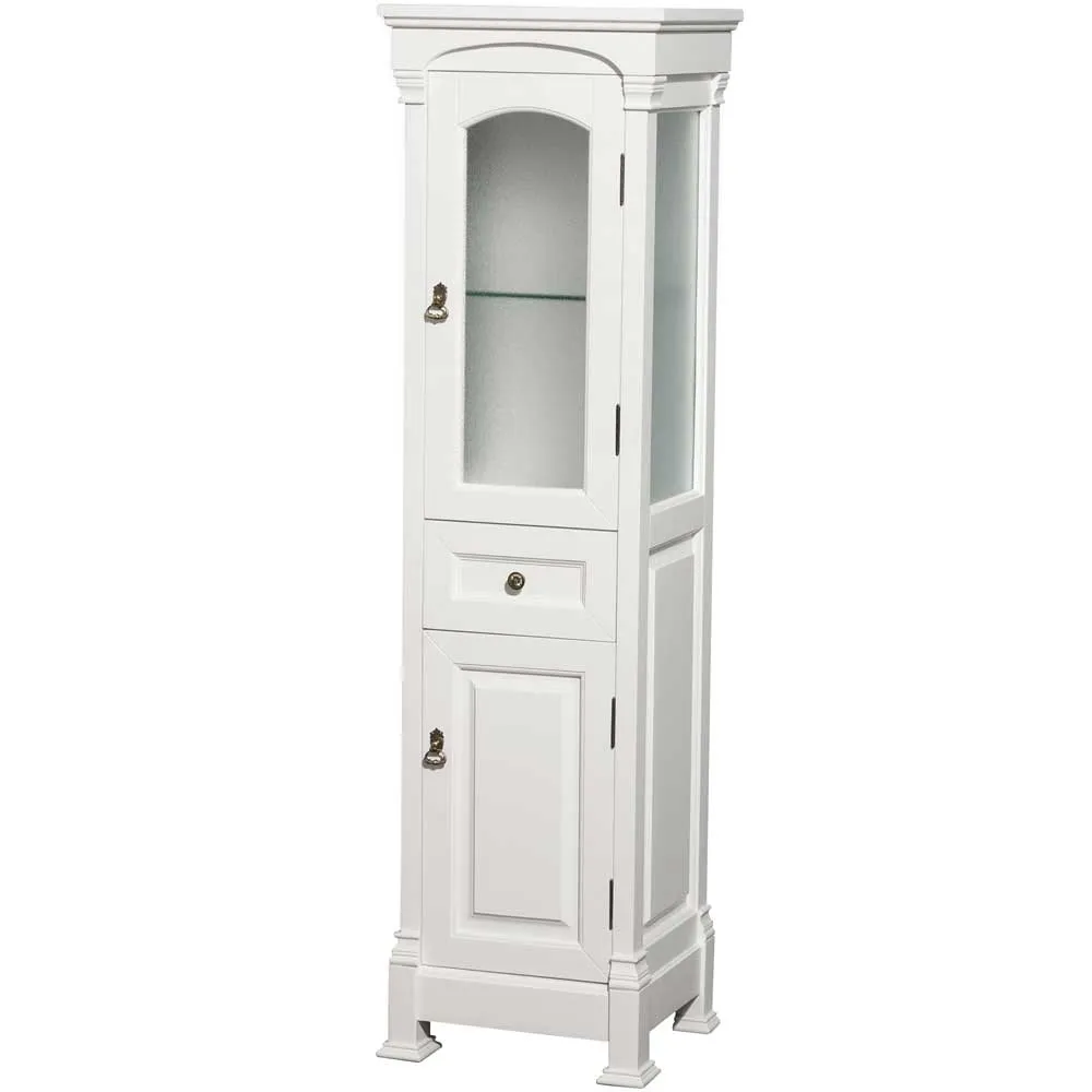 Andover Solid Oak Bathroom Linen Tower with Cabinet Storage in White