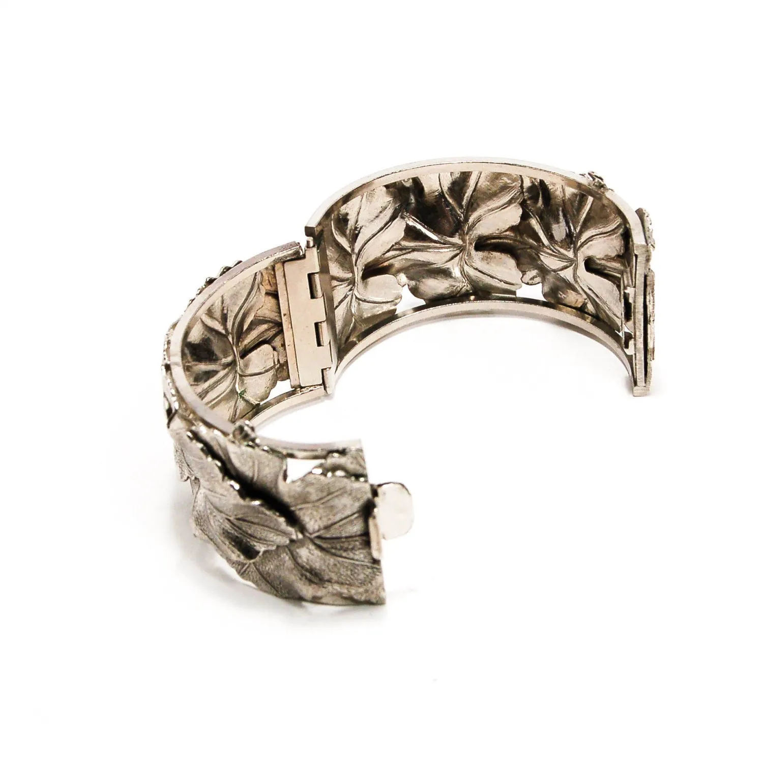 Art Nouveau Silver Leaf cuff bracelet by Whiting and Davis, Wide Bold Style