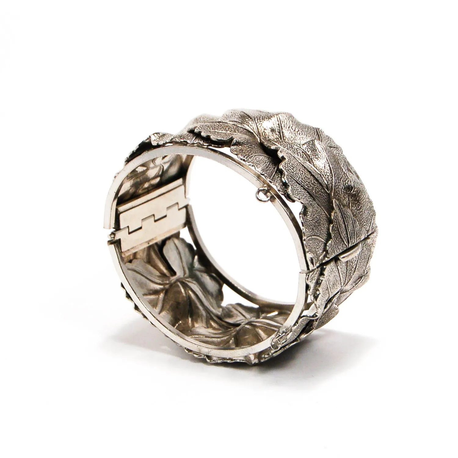 Art Nouveau Silver Leaf cuff bracelet by Whiting and Davis, Wide Bold Style
