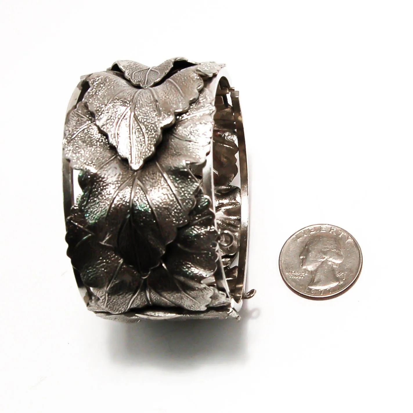 Art Nouveau Silver Leaf cuff bracelet by Whiting and Davis, Wide Bold Style