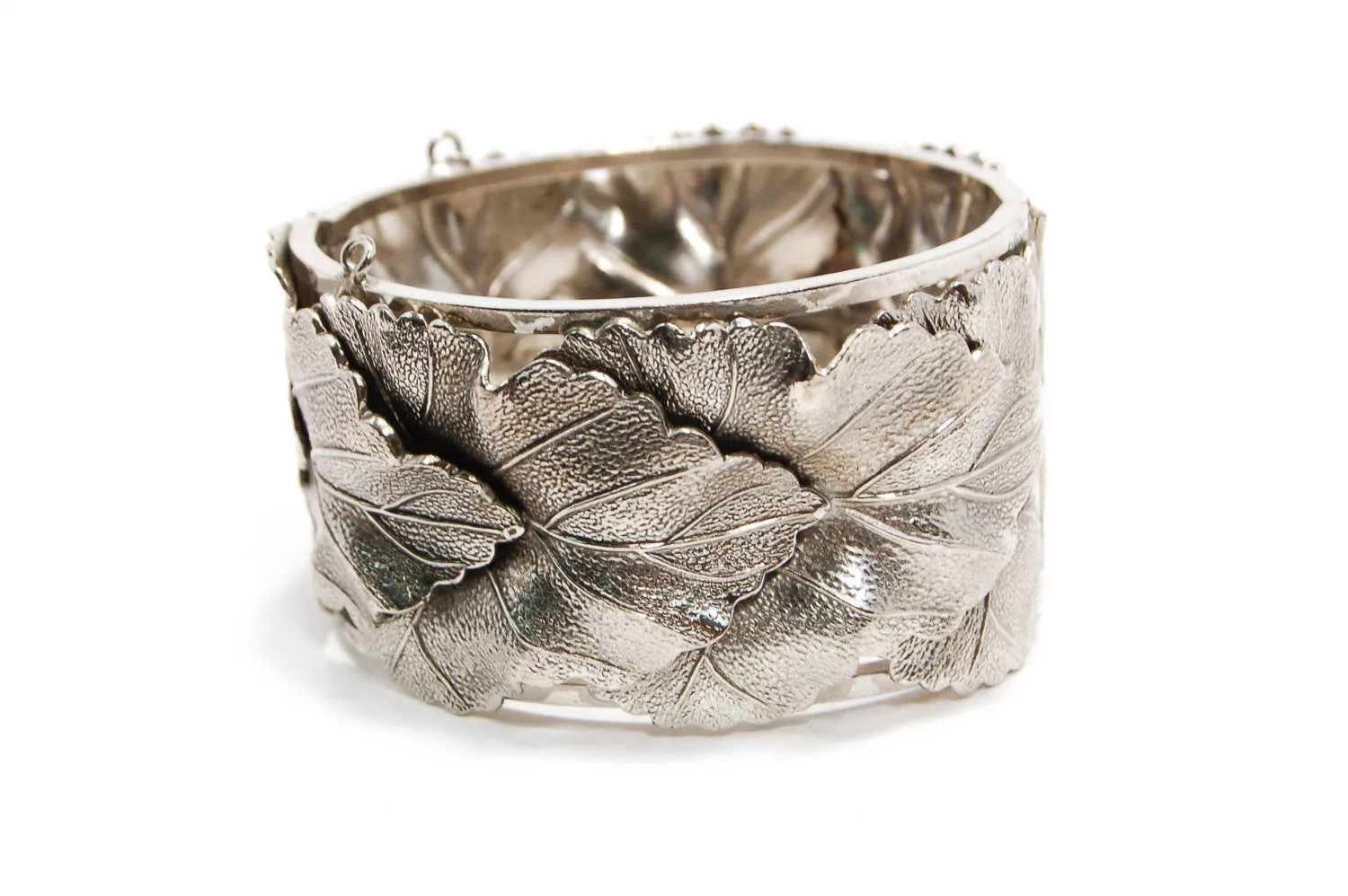 Art Nouveau Silver Leaf cuff bracelet by Whiting and Davis, Wide Bold Style