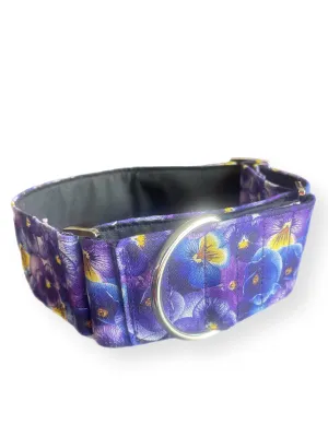 Beautiful pansies on rich purple greyhound Martingale collar cotton covered 50mm width