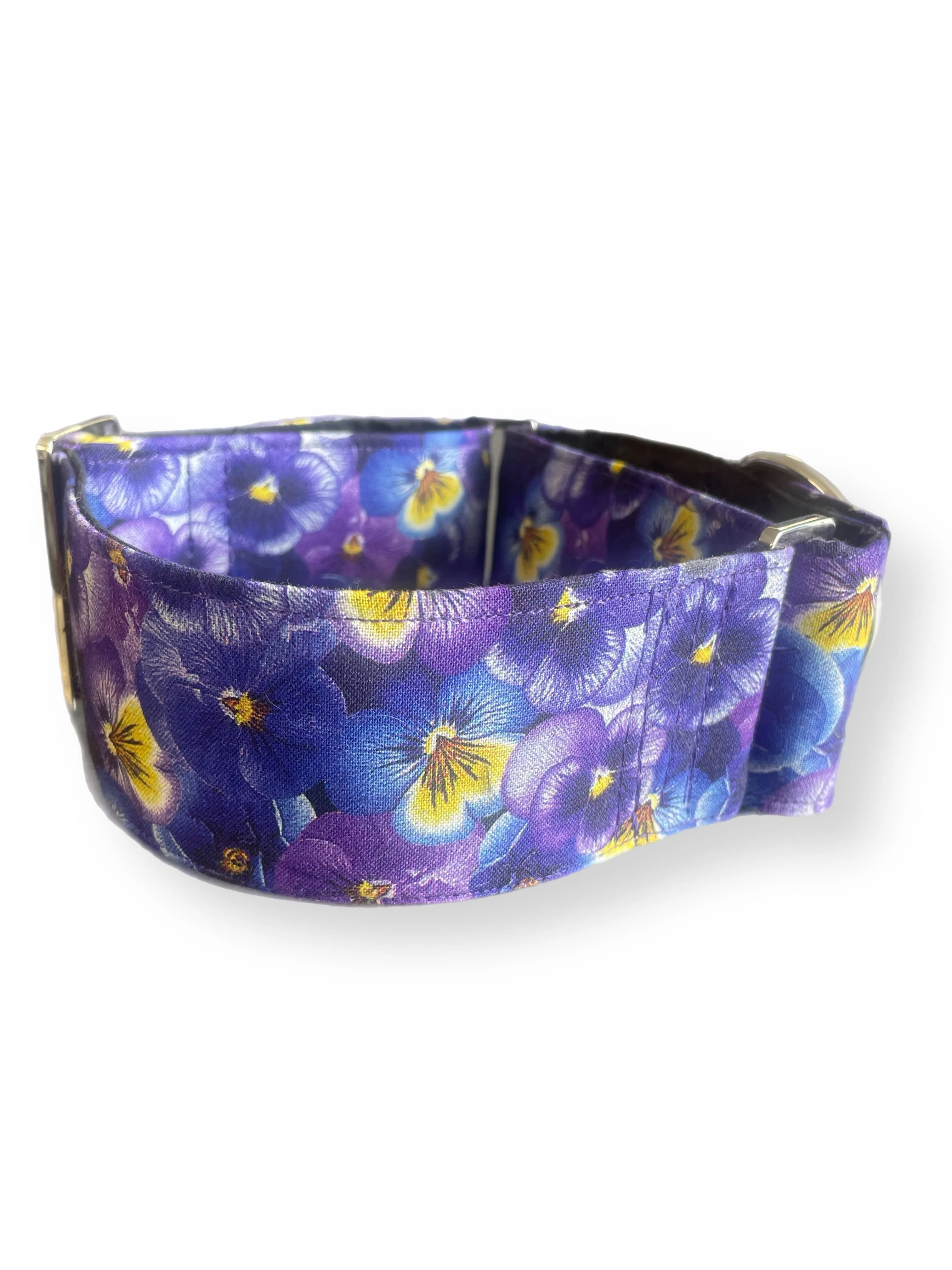 Beautiful pansies on rich purple greyhound Martingale collar cotton covered 50mm width