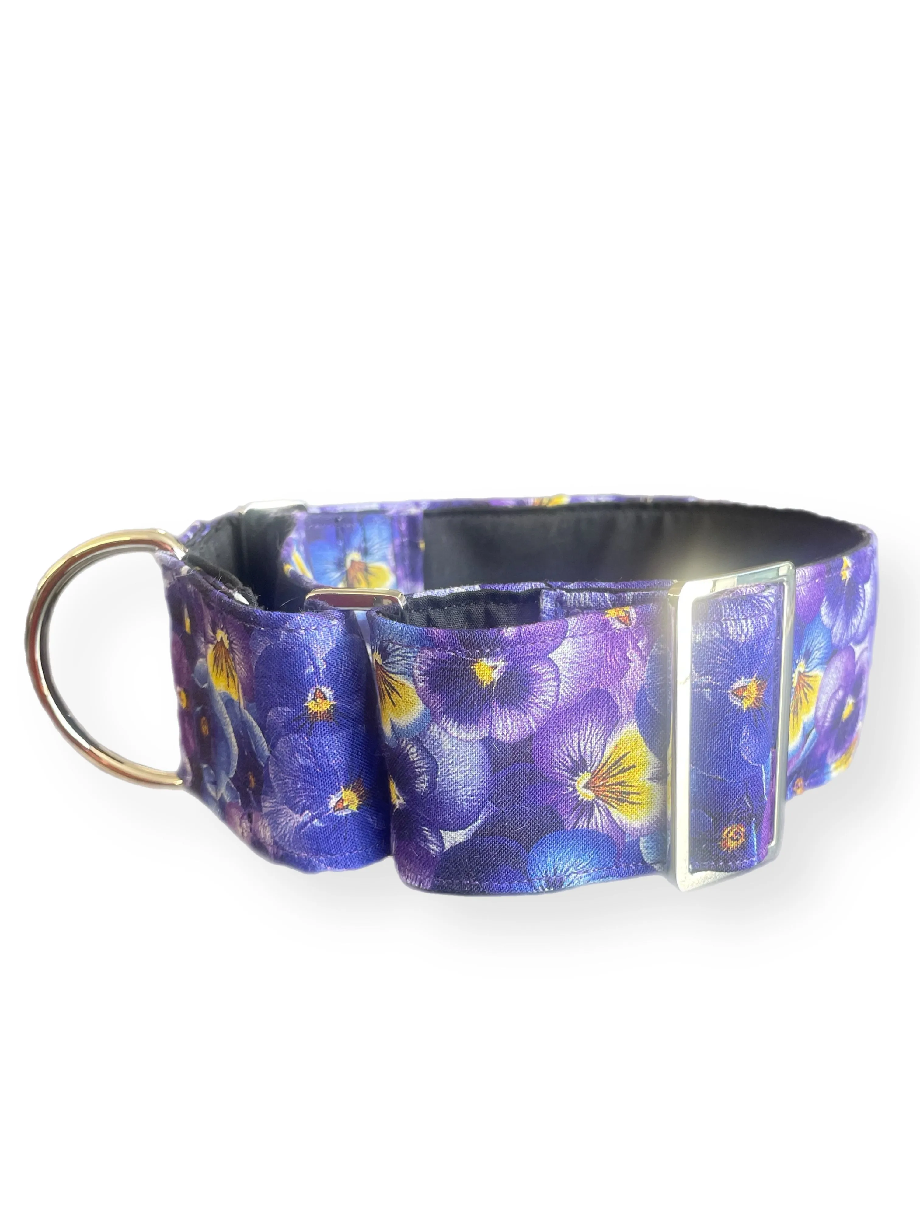 Beautiful pansies on rich purple greyhound Martingale collar cotton covered 50mm width