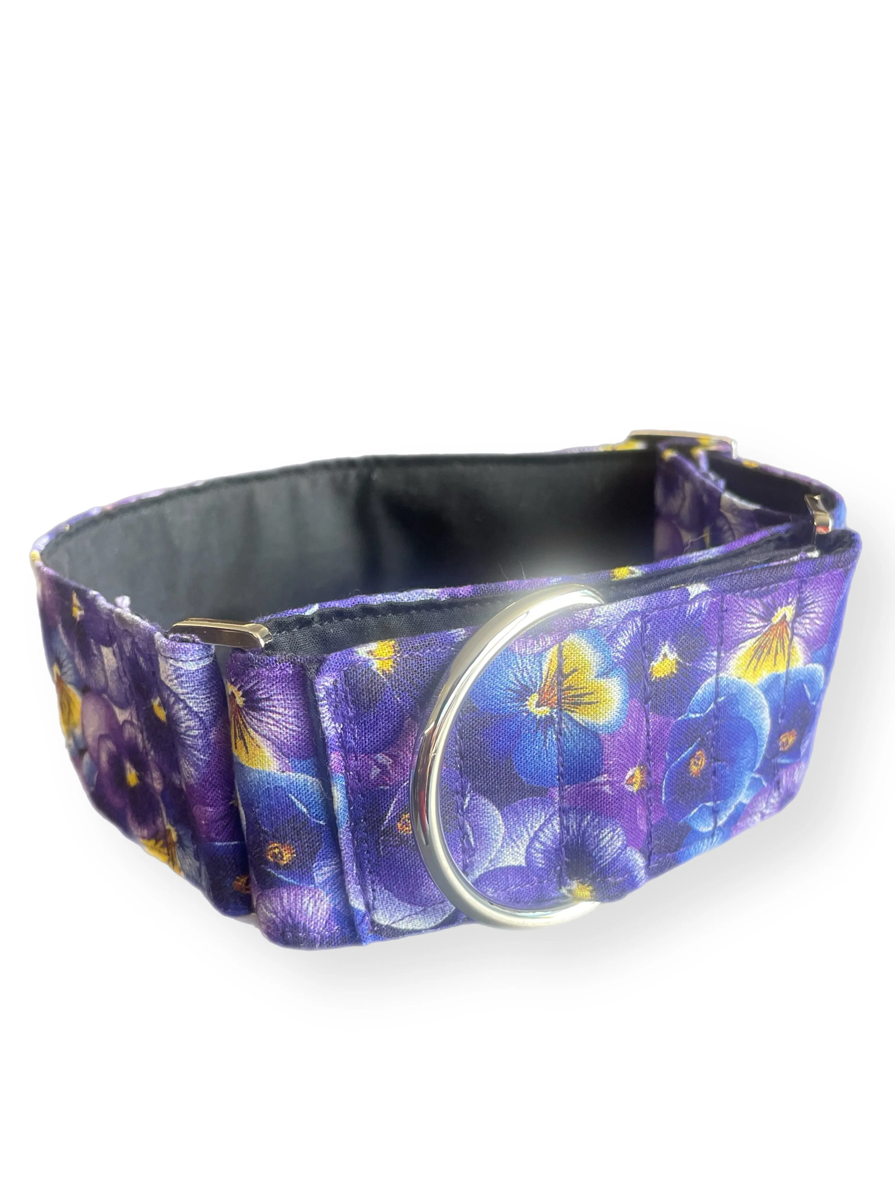 Beautiful pansies on rich purple greyhound Martingale collar cotton covered 50mm width