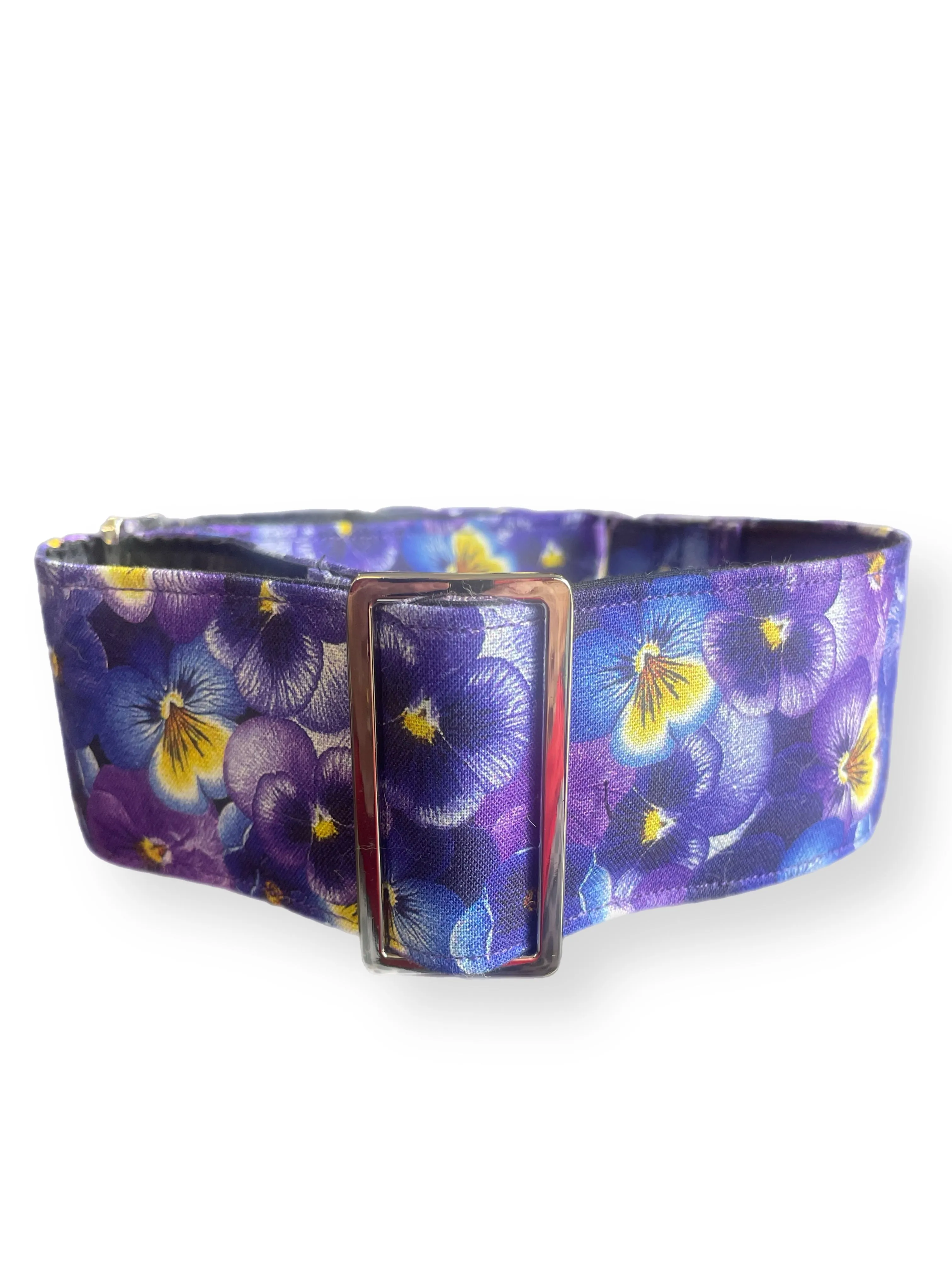 Beautiful pansies on rich purple greyhound Martingale collar cotton covered 50mm width