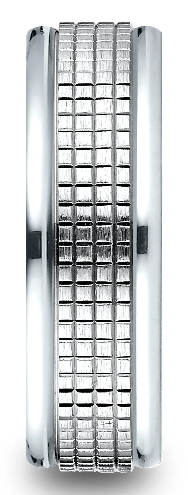 Benchmark 10k White Gold 7mm Comfort-Fit High Polish Round Edge Cross Hatch Center Design Band,(Size 4-15)