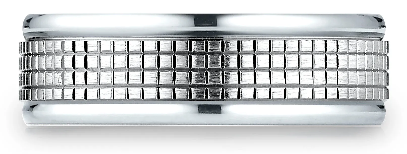 Benchmark 10k White Gold 7mm Comfort-Fit High Polish Round Edge Cross Hatch Center Design Band,(Size 4-15)