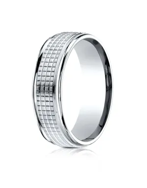 Benchmark 10k White Gold 7mm Comfort-Fit High Polish Round Edge Cross Hatch Center Design Band,(Size 4-15)
