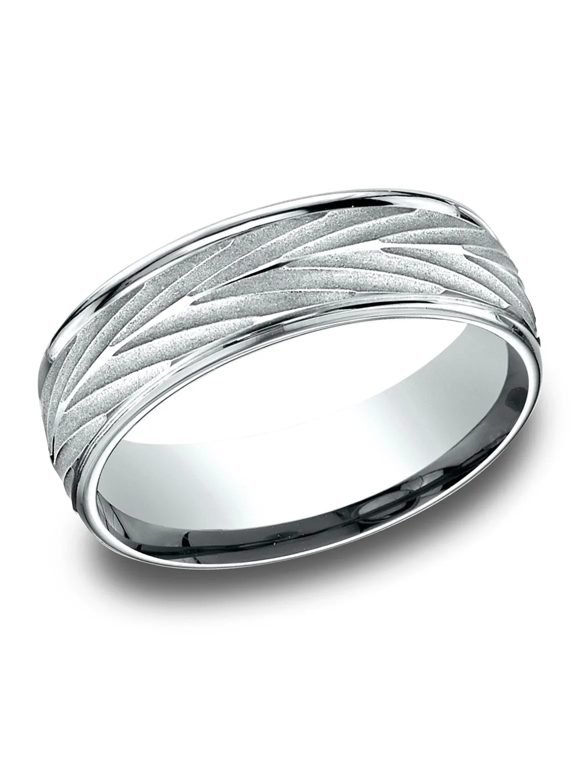 Benchmark 10K White Gold 7mm Comfort-Fit Round Edge Arrow Design Band, (Size 4-15)