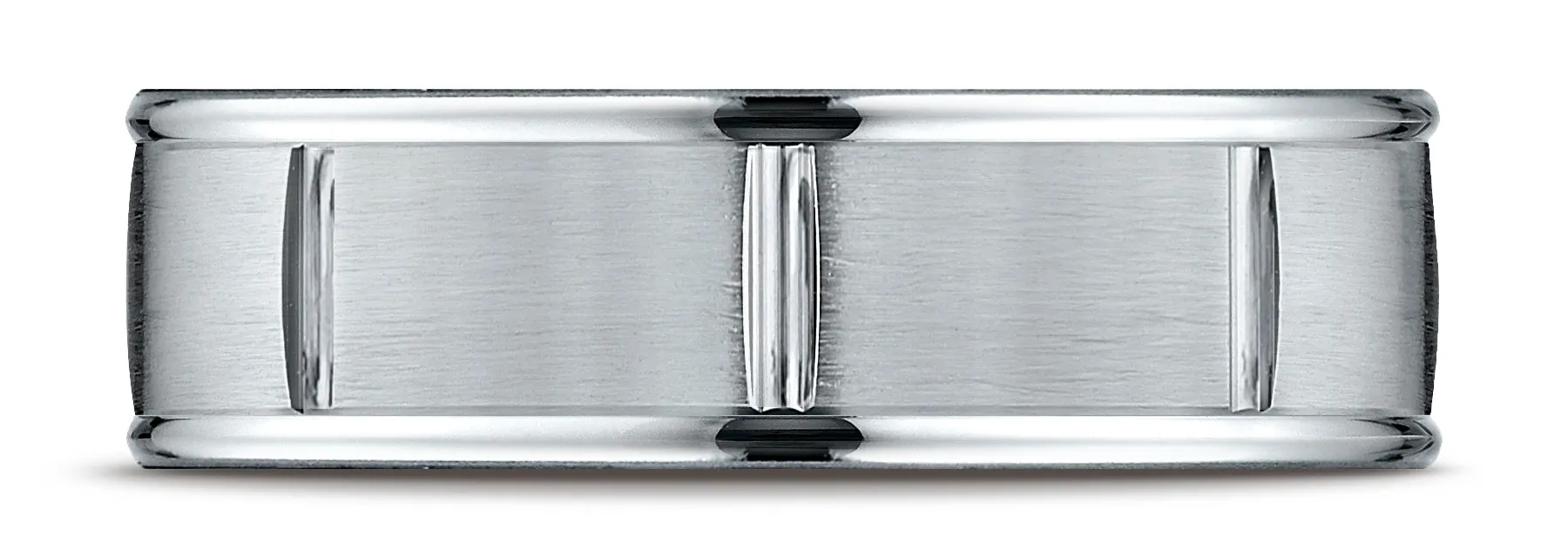 Benchmark 10k White Gold 7mm Comfort-Fit Satin-Finish 8 Center Cuts & Round Edge Carved Design Band,(4-15)