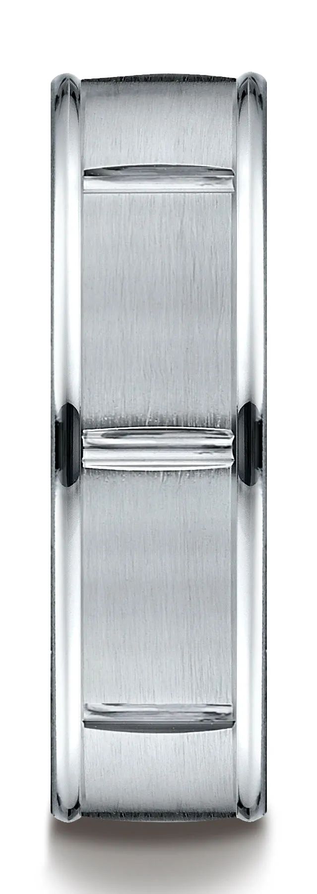 Benchmark 10k White Gold 7mm Comfort-Fit Satin-Finish 8 Center Cuts & Round Edge Carved Design Band,(4-15)
