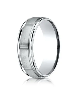 Benchmark 10k White Gold 7mm Comfort-Fit Satin-Finish 8 Center Cuts & Round Edge Carved Design Band,(4-15)