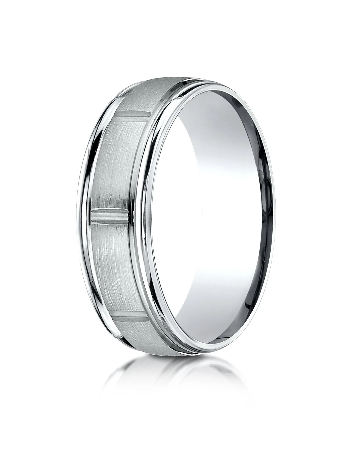 Benchmark 10k White Gold 7mm Comfort-Fit Satin-Finish 8 Center Cuts & Round Edge Carved Design Band,(4-15)