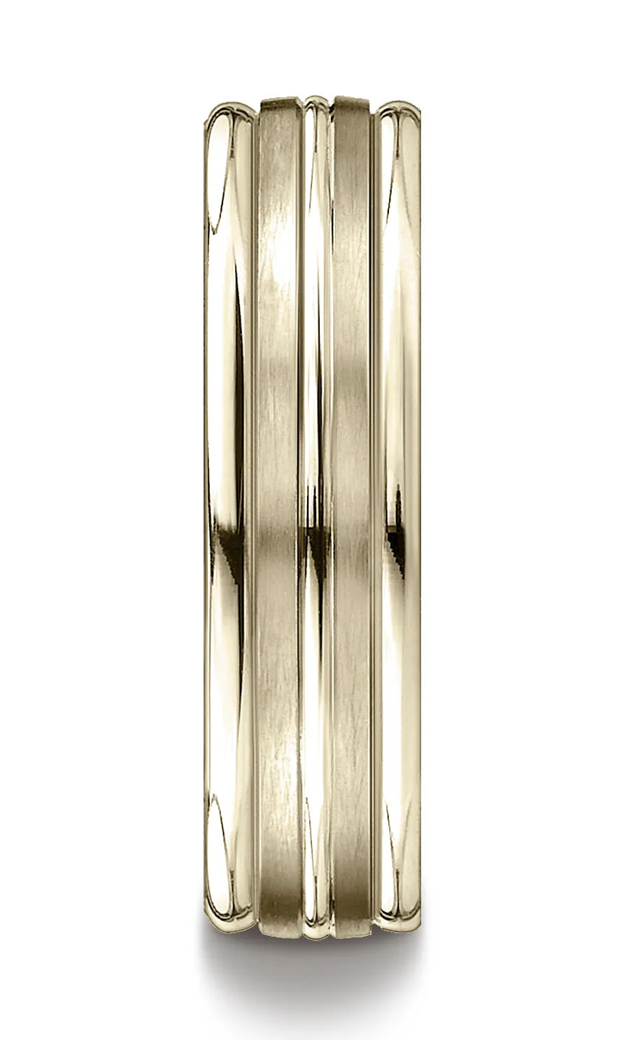 Benchmark 10K Yellow Gold 6mm Comfort-Fit with High Polish Center Trim and Round Edge Carved Design Ring