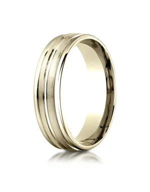 Benchmark 10K Yellow Gold 6mm Comfort-Fit with High Polish Center Trim and Round Edge Carved Design Ring