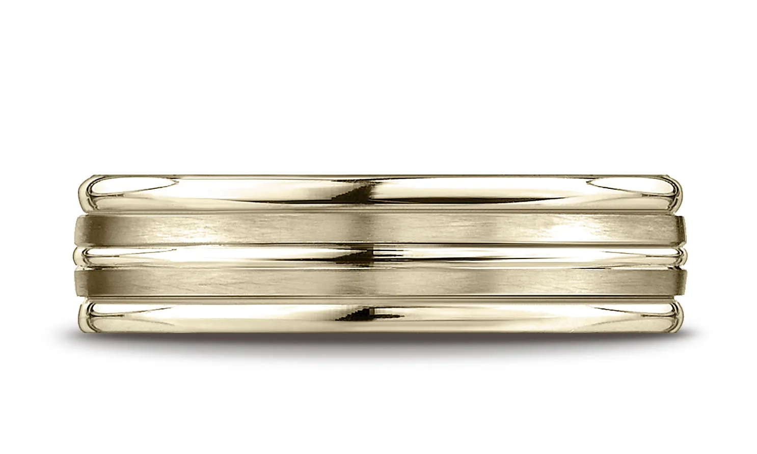 Benchmark 10K Yellow Gold 6mm Comfort-Fit with High Polish Center Trim and Round Edge Carved Design Ring