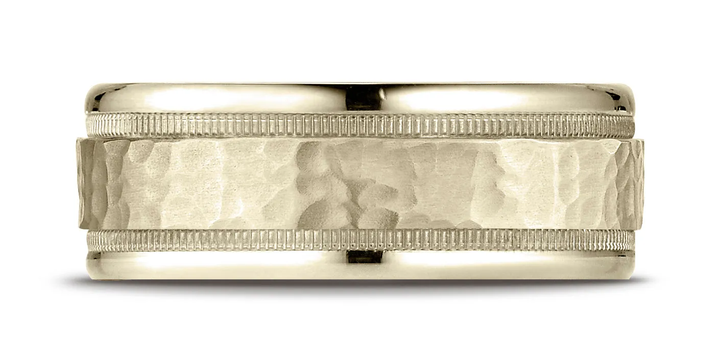 Benchmark 10k Yellow Gold 8mm Comfort-Fit Hammered Center High Polish Round Edge Carved Design Band (6-13)