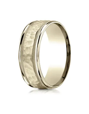 Benchmark 10k Yellow Gold 8mm Comfort-Fit Hammered Center High Polish Round Edge Carved Design Band (6-13)