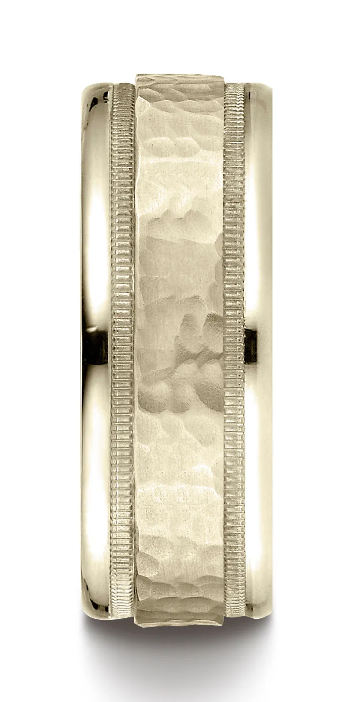Benchmark 10k Yellow Gold 8mm Comfort-Fit Hammered Center High Polish Round Edge Carved Design Band (6-13)
