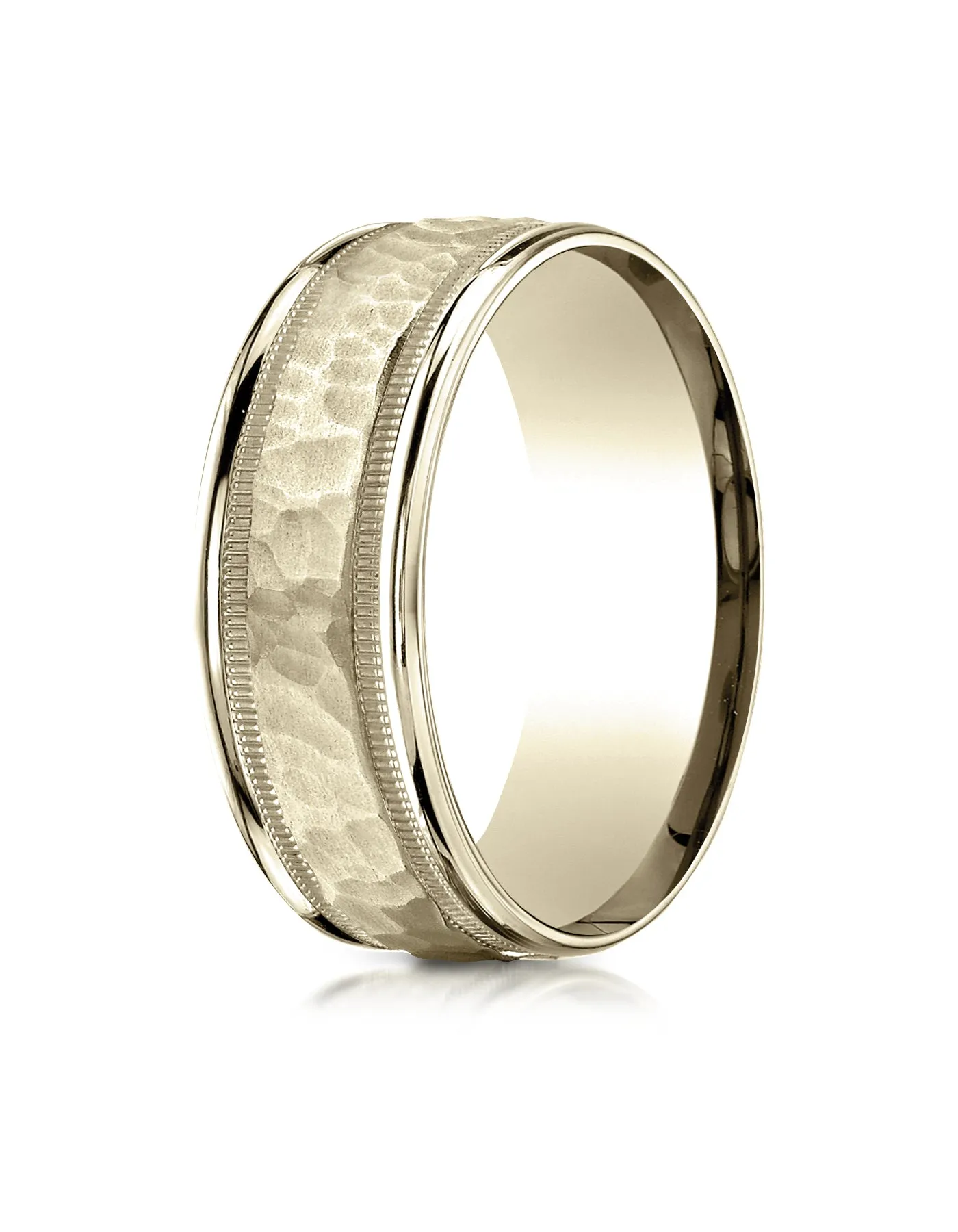 Benchmark 10k Yellow Gold 8mm Comfort-Fit Hammered Center High Polish Round Edge Carved Design Band (6-13)