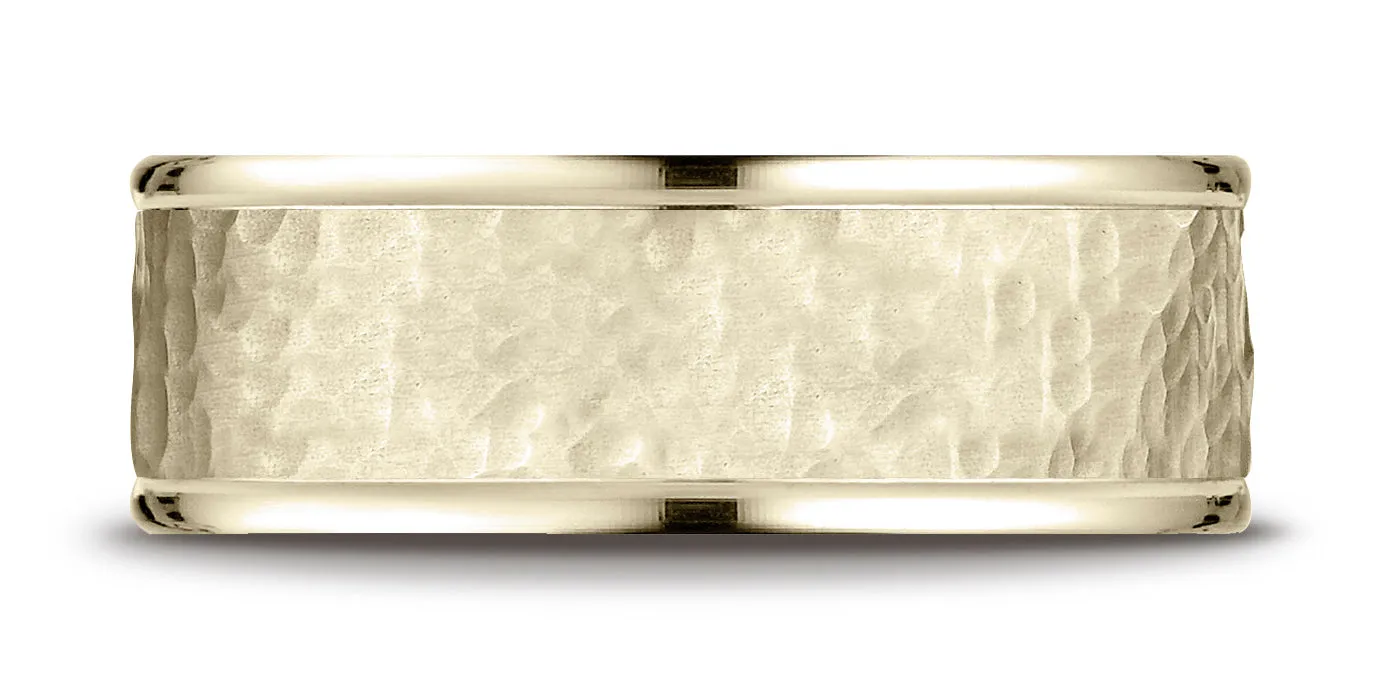 Benchmark 10k Yellow Gold Comfort-Fit 8mm High Polish Edge Hammered Center Design Band, (Sizes 6-13)