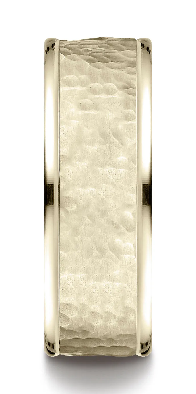 Benchmark 10k Yellow Gold Comfort-Fit 8mm High Polish Edge Hammered Center Design Band, (Sizes 6-13)