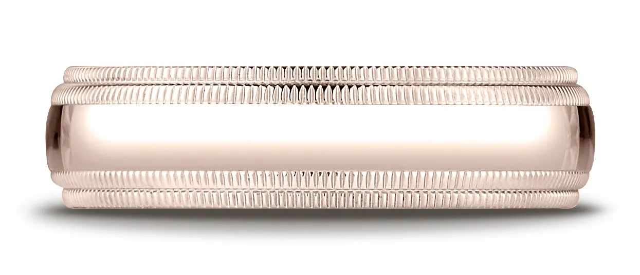 Benchmark 14K Rose Gold 6mm Slightly Domed Standard Comfort-Fit Wedding Band Ring with Double Milgrain