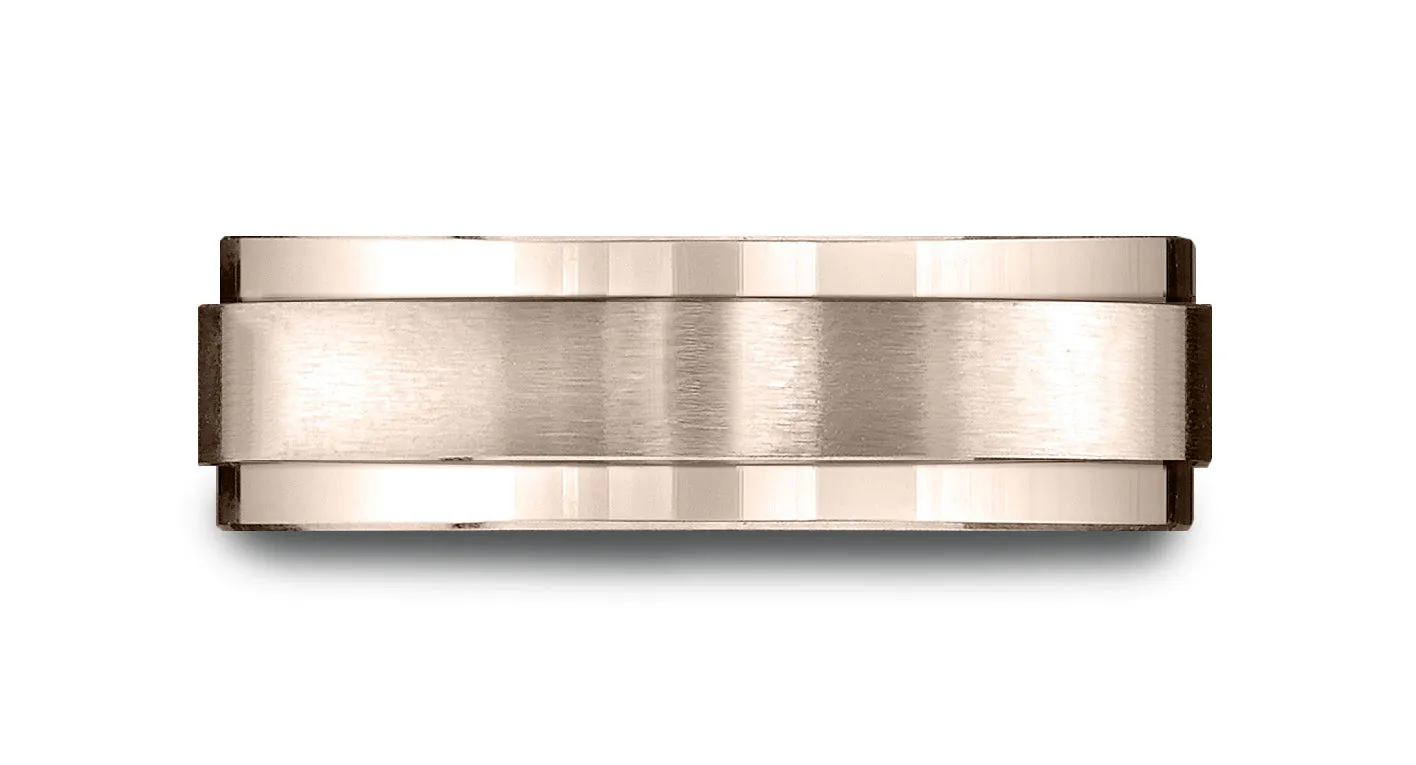 Benchmark 14k Rose Gold 7mm Comfort-Fit Satin-Finished w/ High Polish Drop Edge Carved Design Band, (4-15)