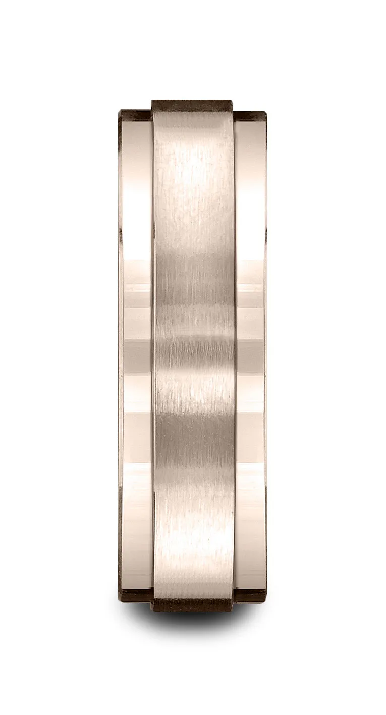 Benchmark 14k Rose Gold 7mm Comfort-Fit Satin-Finished w/ High Polish Drop Edge Carved Design Band, (4-15)