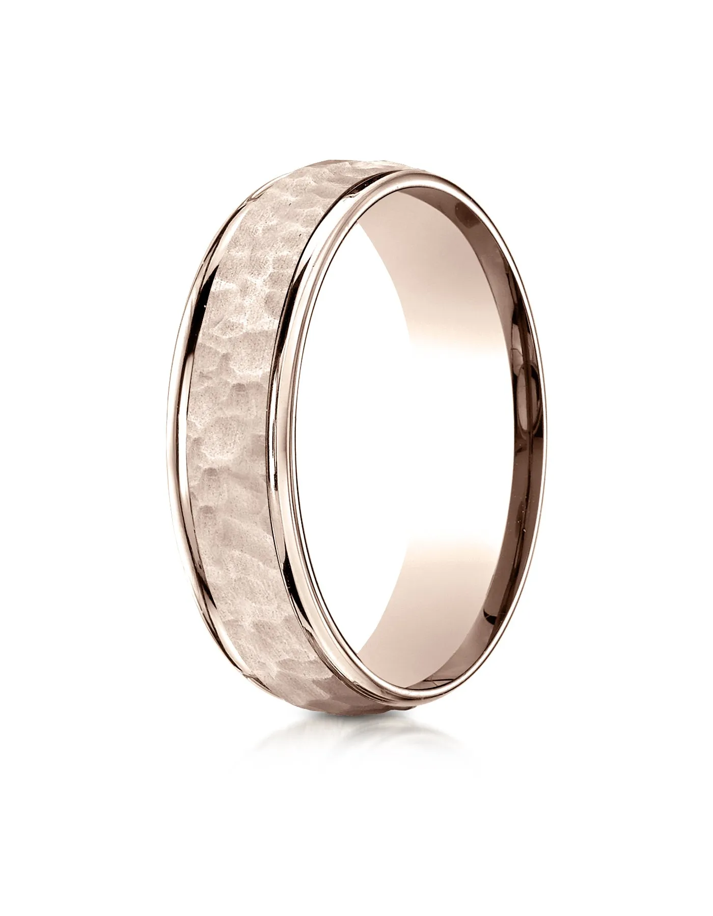 Benchmark 14K Rose Gold Comfort-Fit 6mm High Polish Edge Hammered Center Design Wedding Band Ring,.