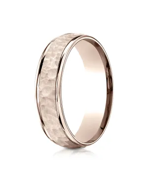 Benchmark 14K Rose Gold Comfort-Fit 6mm High Polish Edge Hammered Center Design Wedding Band Ring,.