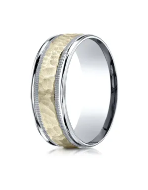 Benchmark 14K Two-Toned Gold 8mm Comfort-Fit Hammered-Finished with Milgrain Carved Design Wedding Band